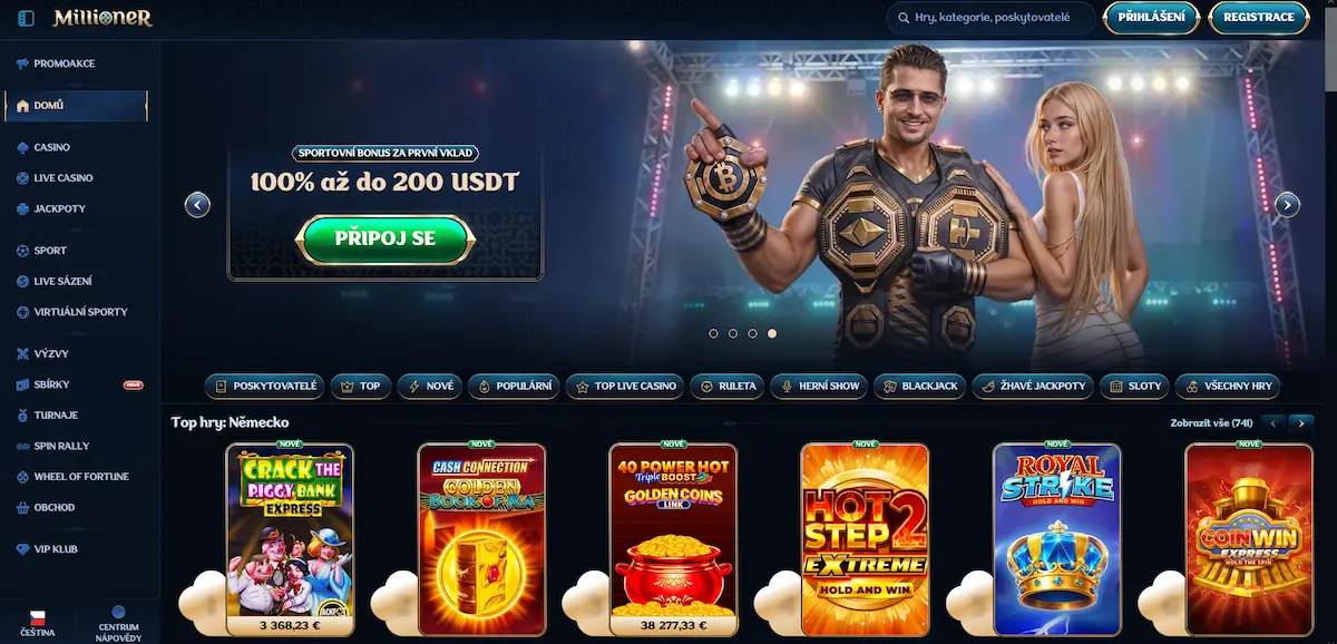 Domovská stránka Millioner Casino s přehledem her a aktuálních bonusů